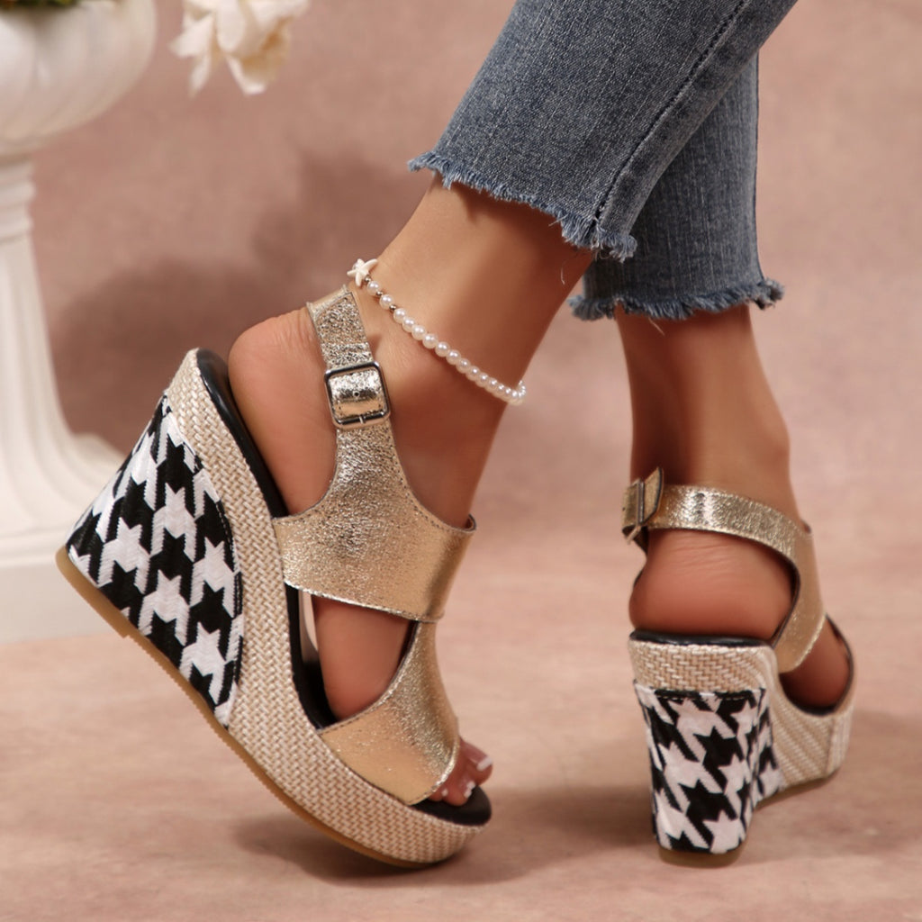 Women's Wedge Sandals Open Toe High Heels Metalic Pu Leather Shoes