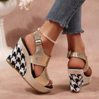 Women's Wedge Sandals Open Toe High Heels Metalic Pu Leather Shoes