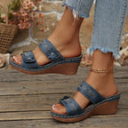 Women's Wedge Sandals Open Toe Floral Boho Studed Pu Leather Mid Heel Shoes