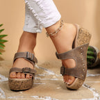 Casual Wedge Platform Sandals Double Buckle Strap Open Toe Mid Heels Shoes