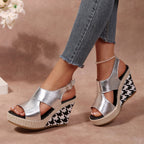 Women's Wedge Sandals Open Toe High Heels Metalic Pu Leather Shoes