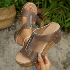 Casual Wedge Sandals Zipper Studded Open Toe Mid Heels Summer Shoes