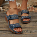 Women's Wedge Sandals Open Toe Floral Boho Studed Pu Leather Mid Heel Shoes