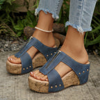 Casual Wedge Sandals Zipper Studded Open Toe Mid Heels Summer Shoes