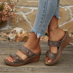 Women's Wedge Sandals Open Toe Floral Boho Studed Pu Leather Mid Heel Shoes