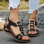 Women's Casual Wedge Sandals Cut Out Open Toe Mid Heels Summer Shoes