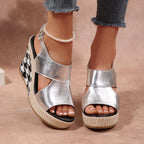 Women's Wedge Sandals Open Toe High Heels Metalic Pu Leather Shoes