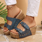 Casual Wedge Platform Sandals Double Buckle Strap Open Toe Mid Heels Shoes