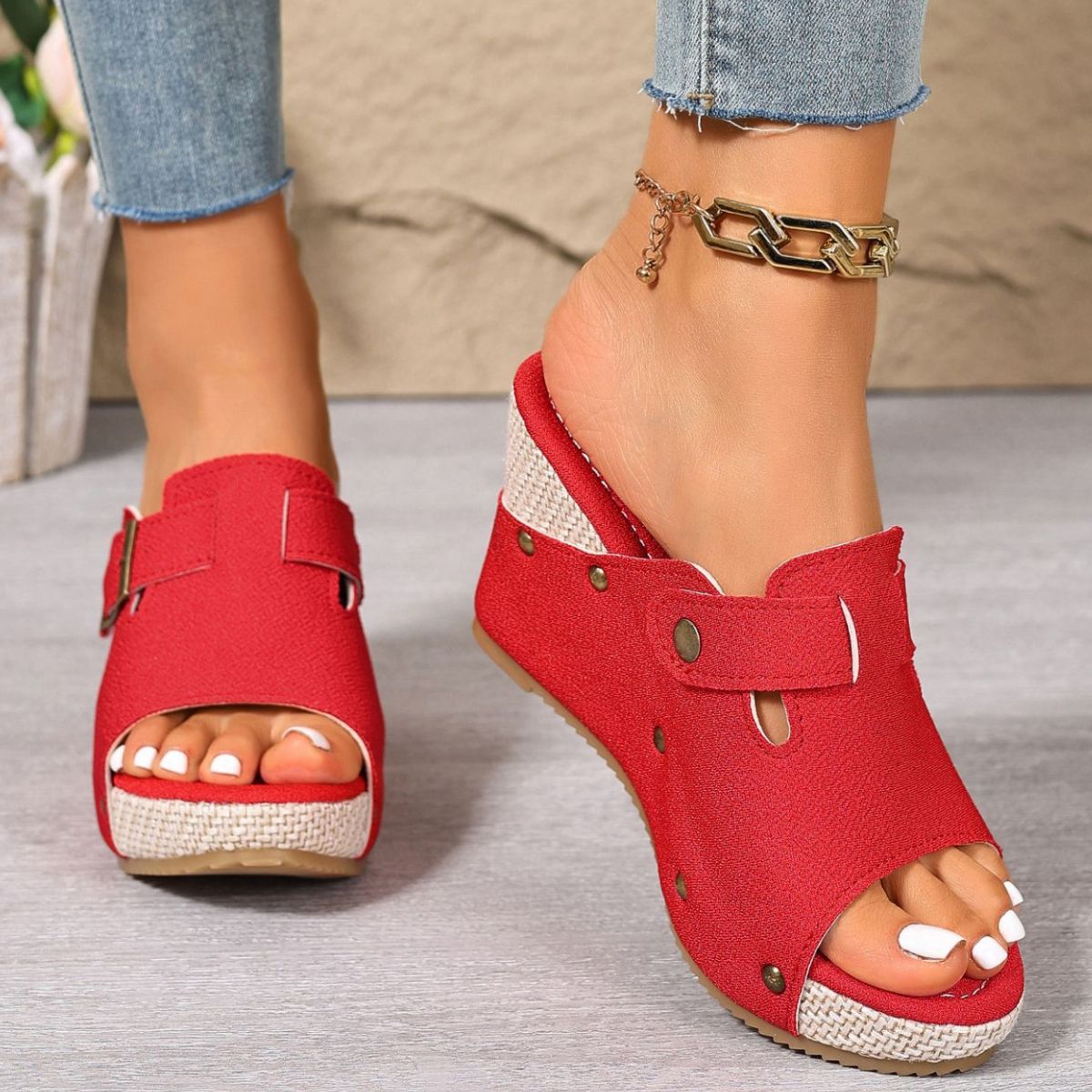 Wedge Sandals Open Toe Buckle Casual Summer Women's Stud High Heel Shoes