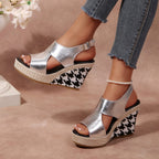 Women's Wedge Sandals Open Toe High Heels Metalic Pu Leather Shoes
