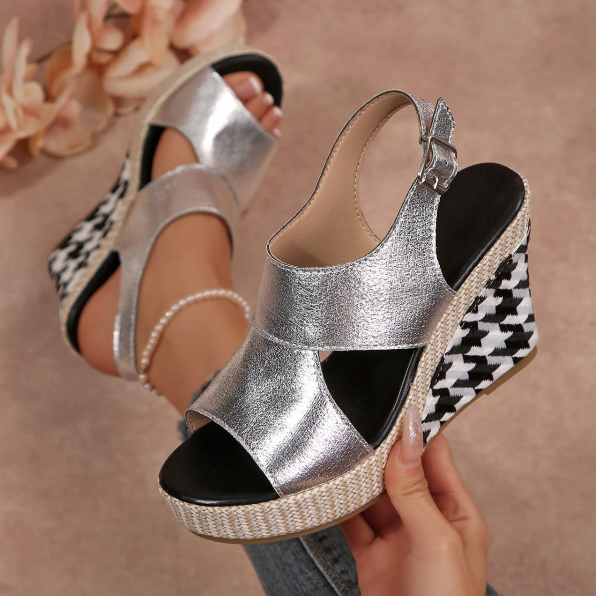 Women's Wedge Sandals Open Toe High Heels Metalic Pu Leather Shoes