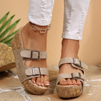 Casual Wedge Platform Sandals Double Buckle Strap Open Toe Mid Heels Shoes