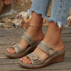 Women's Wedge Sandals Open Toe Floral Boho Studed Pu Leather Mid Heel Shoes