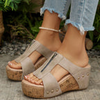 Casual Wedge Sandals Zipper Studded Open Toe Mid Heels Summer Shoes
