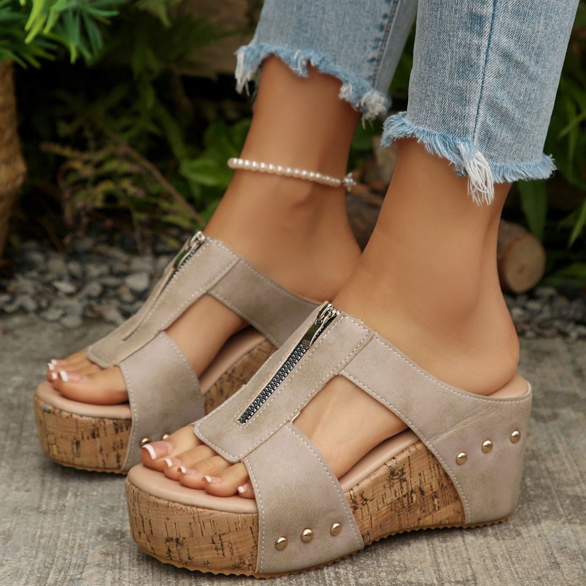 Casual Wedge Sandals Zipper Studded Open Toe Mid Heels Summer Shoes