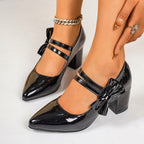 Women's Heels Pumps Bow Strap Point Toe Block Mid Heel Close Toe Shoes