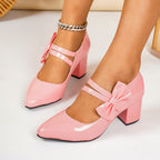 Women's Heels Pumps Bow Strap Point Toe Block Mid Heel Close Toe Shoes