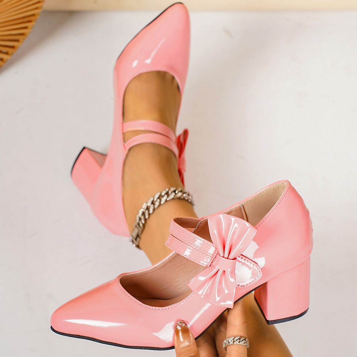 Women's Heels Pumps Bow Strap Point Toe Block Mid Heel Close Toe Shoes