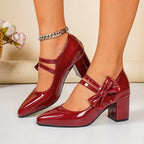Women's Heels Pumps Bow Strap Point Toe Block Mid Heel Close Toe Shoes