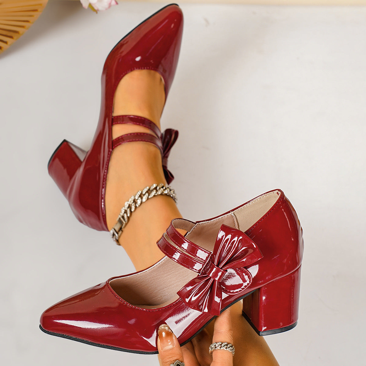 Women's Heels Pumps Bow Strap Point Toe Block Mid Heel Close Toe Shoes