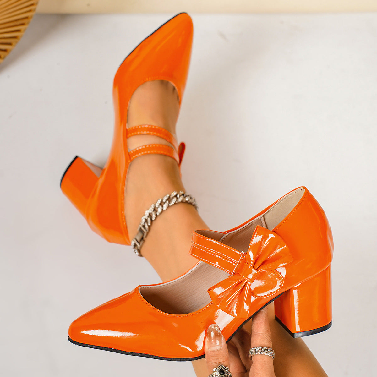Women's Heels Pumps Bow Strap Point Toe Block Mid Heel Close Toe Shoes