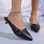 Women's Low Kitten Heels Sandals Point Toe Pu Leather Elegant Shoes