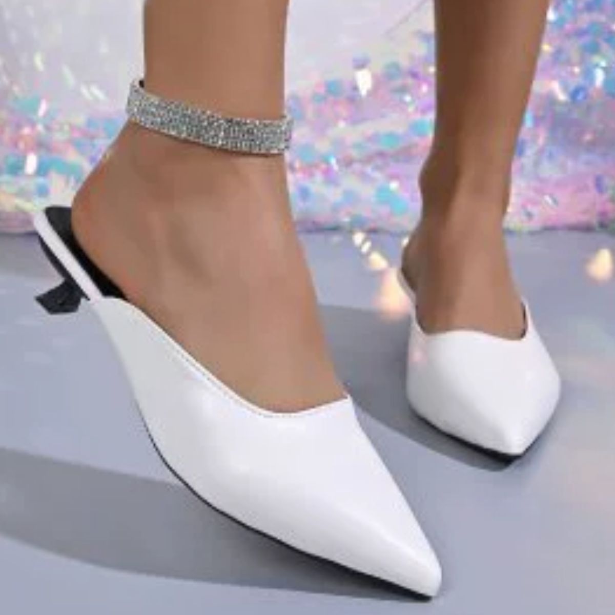 Women's Low Kitten Heels Sandals Point Toe Pu Leather Elegant Shoes
