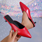 Women's Low Kitten Heels Sandals Point Toe Pu Leather Elegant Shoes