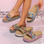 Women's Platform Sandals Rhinestone Colorful Open Toe Flats Sumemer Shoes