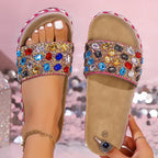 Women's Platform Sandals Rhinestone Colorful Open Toe Flats Sumemer Shoes
