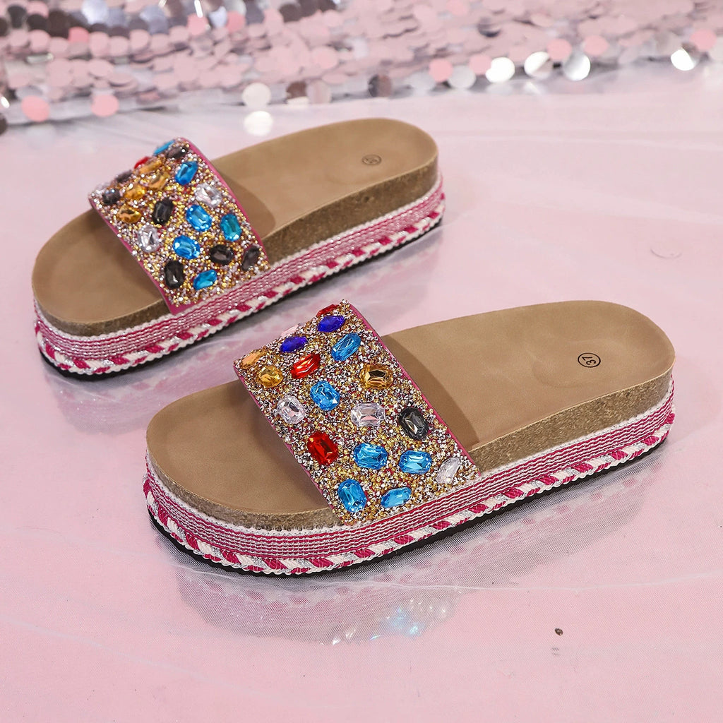 Women's Platform Sandals Rhinestone Colorful Open Toe Flats Sumemer Shoes