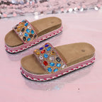 Women's Platform Sandals Rhinestone Colorful Open Toe Flats Sumemer Shoes