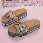 Women's Platform Sandals Rhinestone Colorful Open Toe Flats Sumemer Shoes