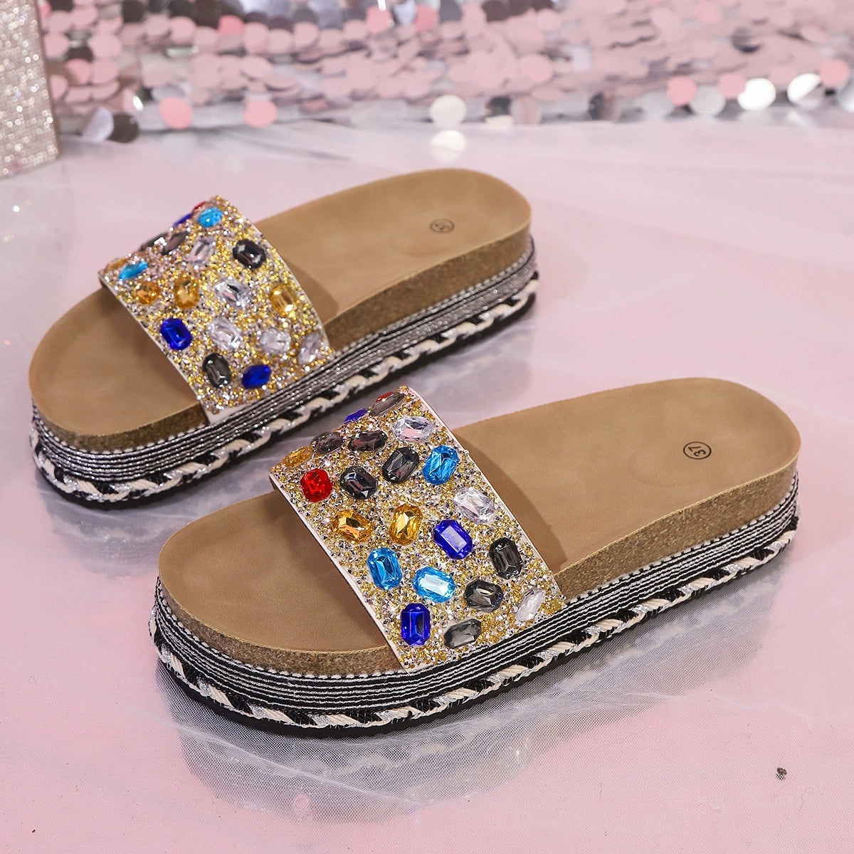 Women's Platform Sandals Rhinestone Colorful Open Toe Flats Sumemer Shoes