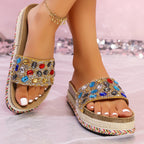 Women's Platform Sandals Rhinestone Colorful Open Toe Flats Sumemer Shoes