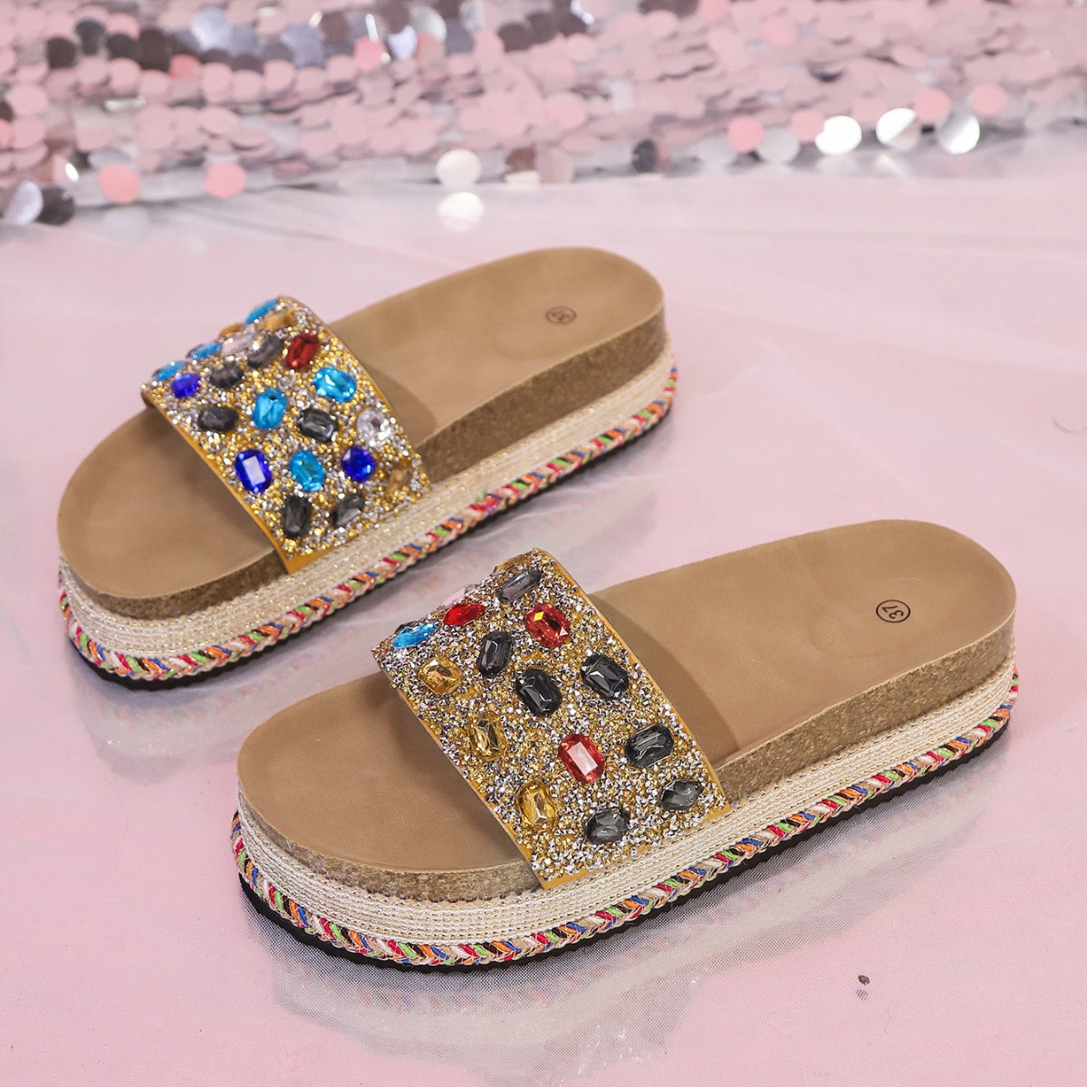 Women's Platform Sandals Rhinestone Colorful Open Toe Flats Sumemer Shoes