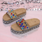 Women's Platform Sandals Rhinestone Colorful Open Toe Flats Sumemer Shoes