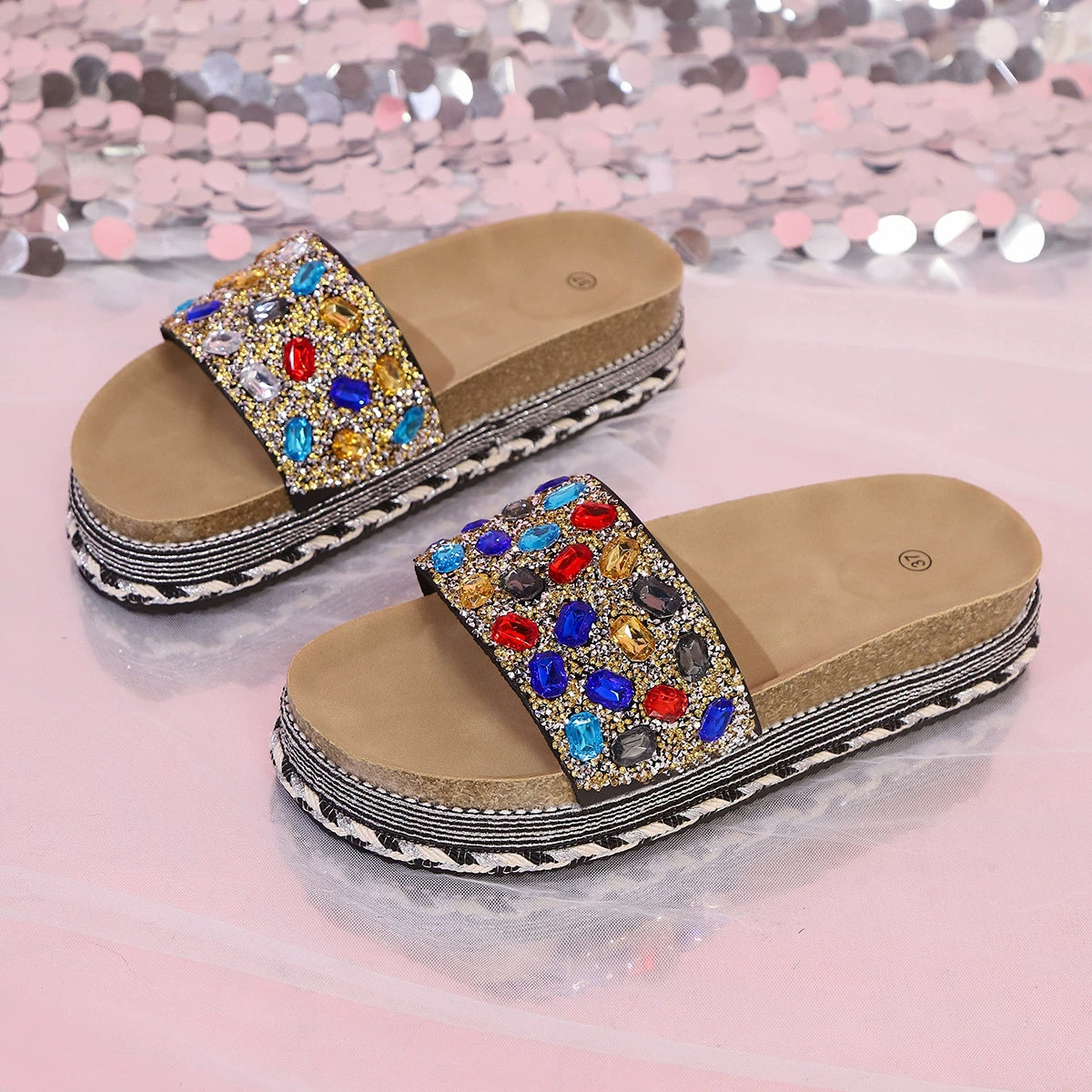 Women's Platform Sandals Rhinestone Colorful Open Toe Flats Sumemer Shoes