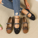 Women's Slip-Ons Round Toe Bow Rivet Strap Soft Fabric Ballerinas Flats Shoes
