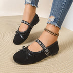 Women's Slip-Ons Round Toe Bow Rivet Strap Soft Fabric Ballerinas Flats Shoes