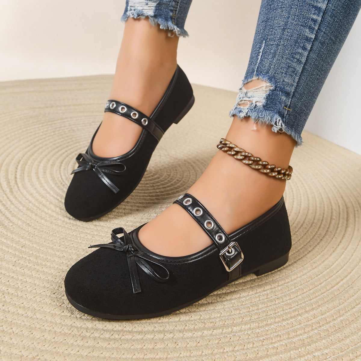 Women's Slip-Ons Round Toe Bow Rivet Strap Soft Fabric Ballerinas Flats Shoes