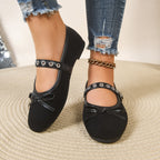 Women's Slip-Ons Round Toe Bow Rivet Strap Soft Fabric Ballerinas Flats Shoes