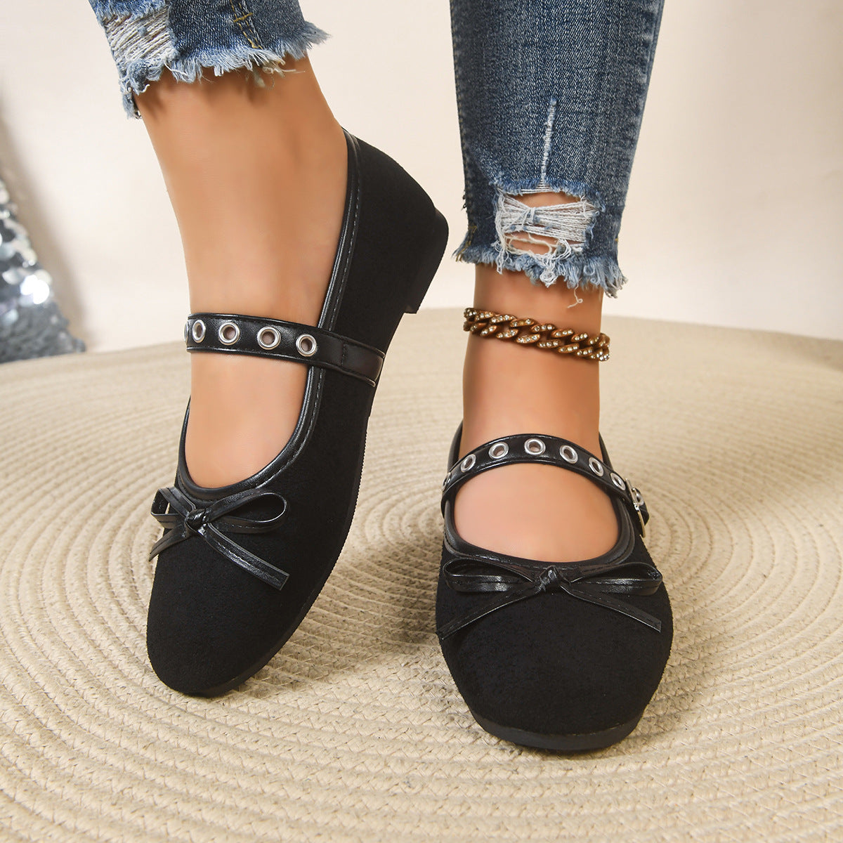 Women's Slip-Ons Round Toe Bow Rivet Strap Soft Fabric Ballerinas Flats Shoes