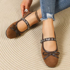 Women's Slip-Ons Round Toe Bow Rivet Strap Soft Fabric Ballerinas Flats Shoes