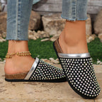 Women's Rhinestone Beaded Slipper Flats Slip-On Sandals Rubber Shoes