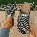 Women's Rhinestone Beaded Slipper Flats Slip-On Sandals Rubber Shoes