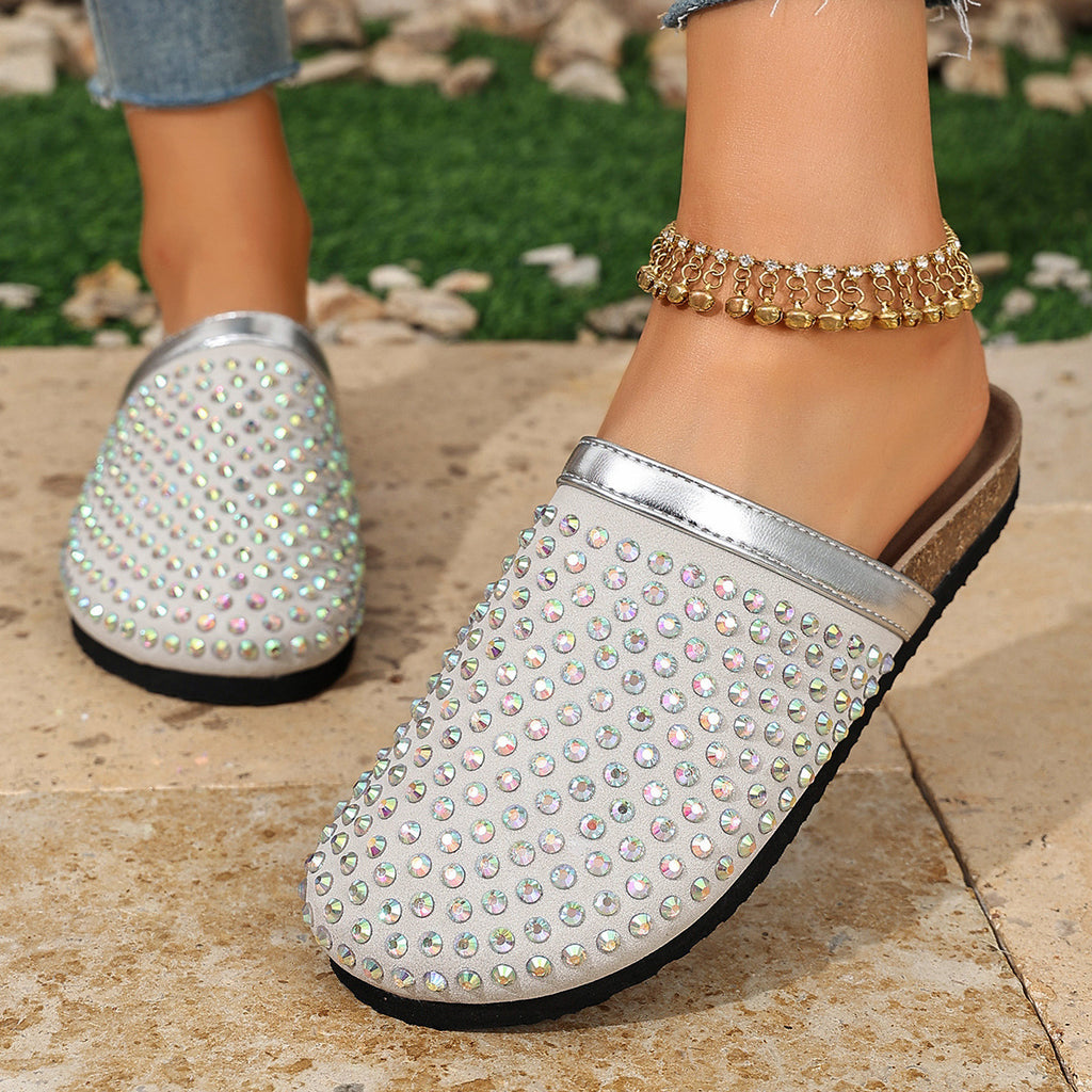 Women's Rhinestone Beaded Slipper Flats Slip-On Sandals Rubber Shoes