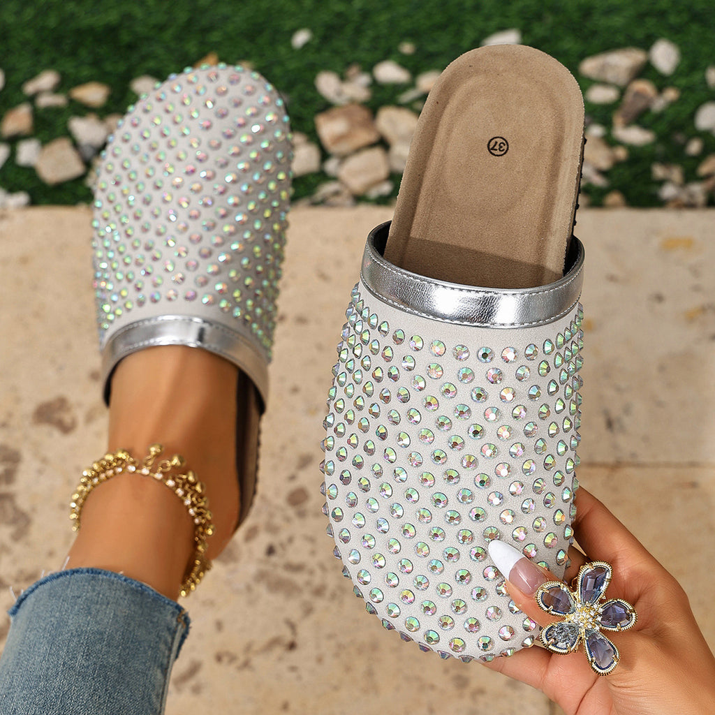 Women's Rhinestone Beaded Slipper Flats Slip-On Sandals Rubber Shoes