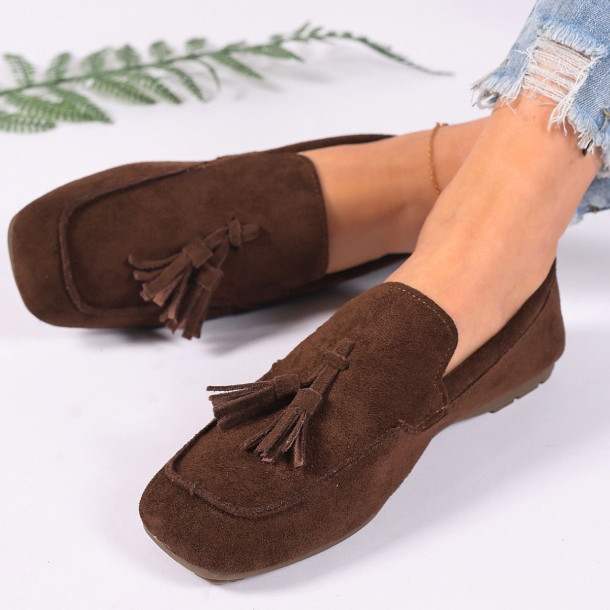 Suede Women's Loafers Tassel Casual Flats Rubber Low Heels Comfort Shoes