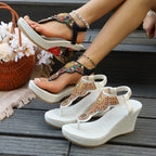 Women's Boho Wedge Sandals Toe Post Floral Colorful Beaded Platform Shoes